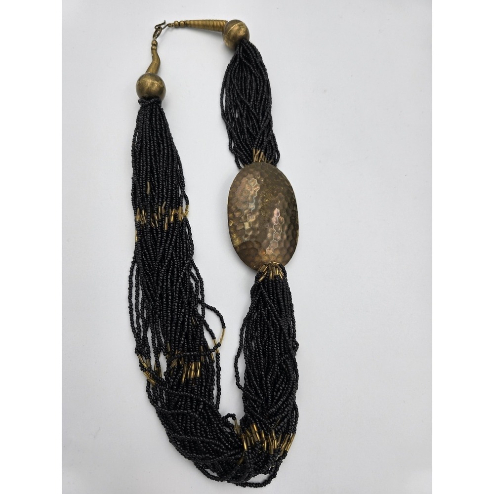 Vintage Multi-Strand Black‎ Seed Bead Necklace Hammered Brass Oval Pendant Boho